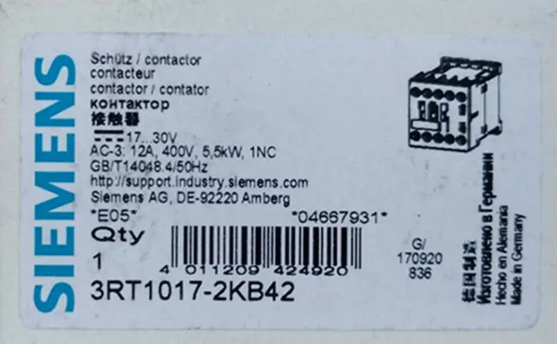 1PC  NEW   SIEMENS   3RT1017-2KB42  12A   free shipping